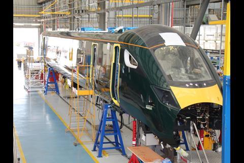 A driving car for the first series-build Class 802 being fitted out in Pistoia.